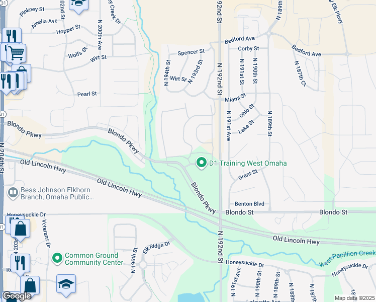 map of restaurants, bars, coffee shops, grocery stores, and more near 2412 193rd Court in Omaha