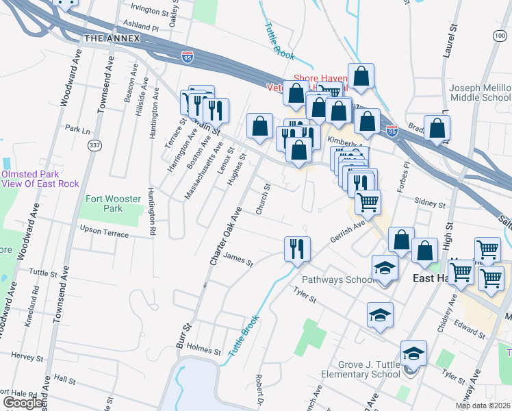 map of restaurants, bars, coffee shops, grocery stores, and more near 16 Church Street in East Haven
