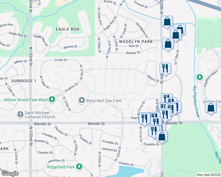 map of restaurants, bars, coffee shops, grocery stores, and more near 2602 North 125th Circle in Omaha