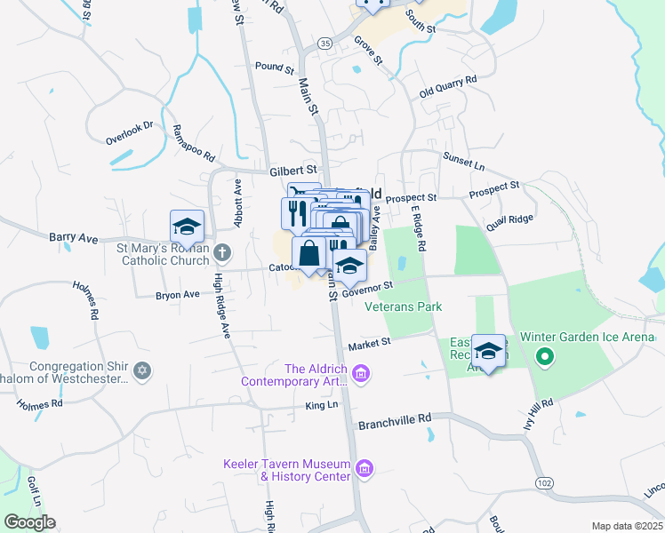 map of restaurants, bars, coffee shops, grocery stores, and more near 400 Main Street in Ridgefield