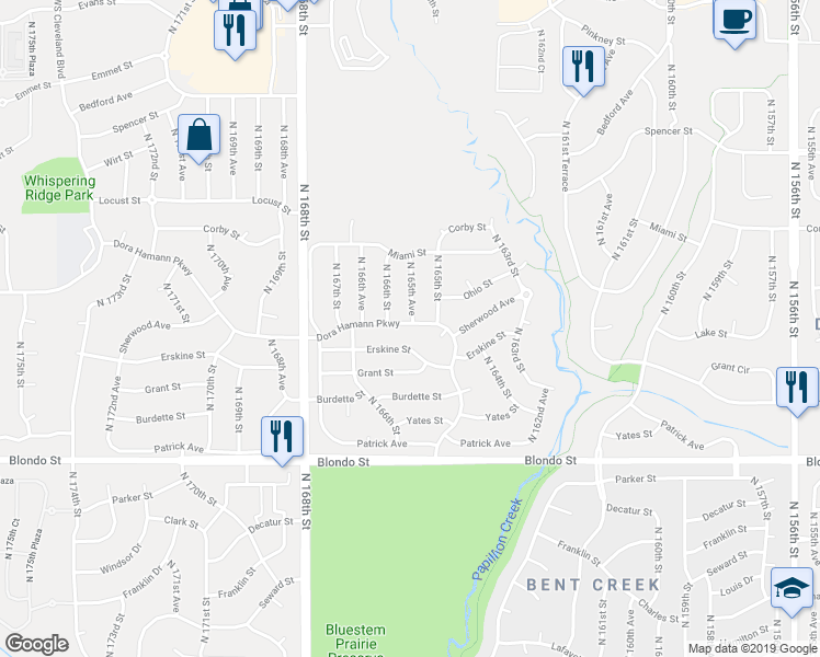 map of restaurants, bars, coffee shops, grocery stores, and more near 16551 Dora Hamann Boulevard in Omaha