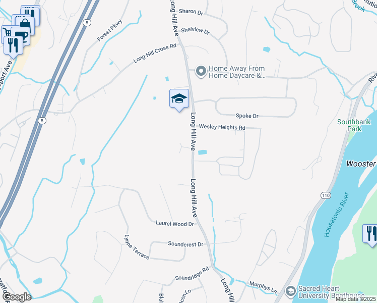 map of restaurants, bars, coffee shops, grocery stores, and more near 605 Long Hill Avenue in Shelton