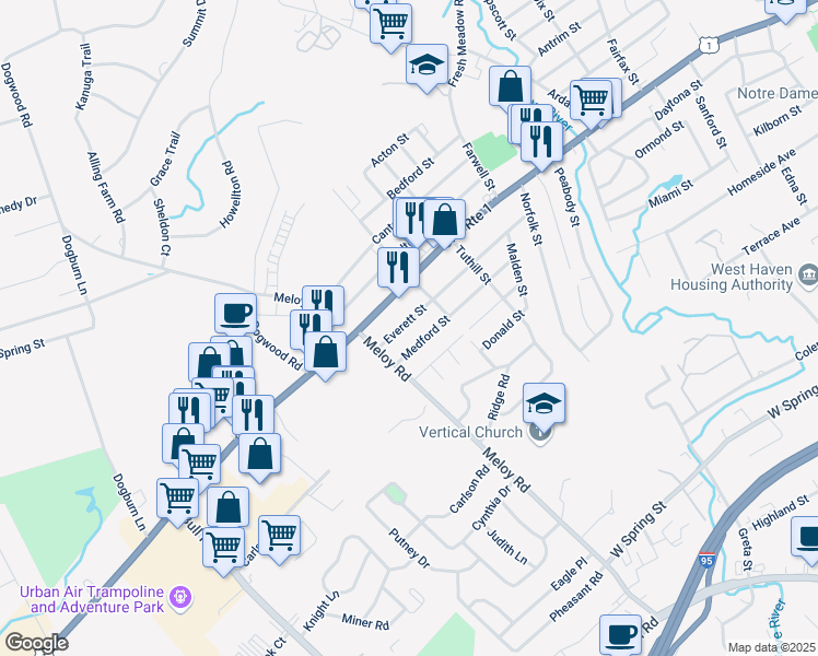 map of restaurants, bars, coffee shops, grocery stores, and more near 172 Everett Street in West Haven