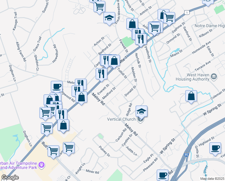 map of restaurants, bars, coffee shops, grocery stores, and more near 96 Medford Street in West Haven