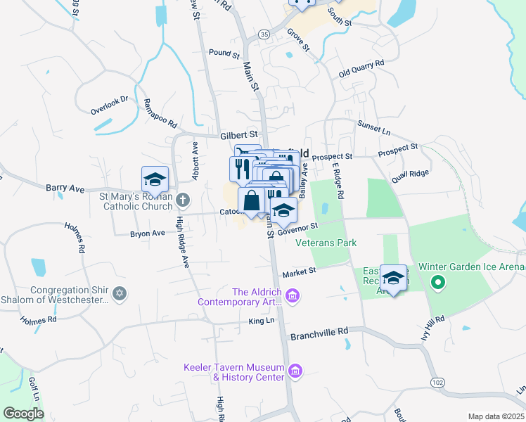 map of restaurants, bars, coffee shops, grocery stores, and more near 39 Catoonah Street in Ridgefield