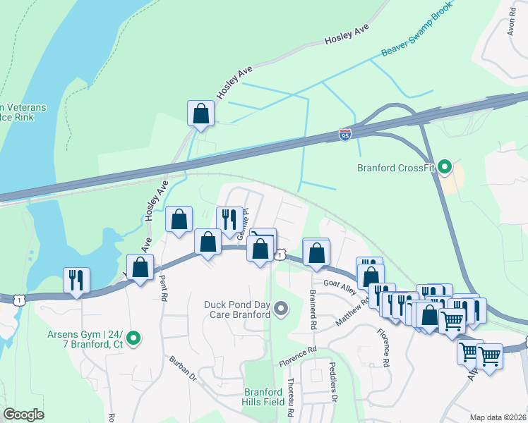 map of restaurants, bars, coffee shops, grocery stores, and more near 31 Pompano Avenue in Branford