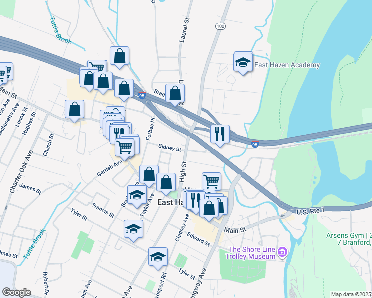 map of restaurants, bars, coffee shops, grocery stores, and more near 100 North High Street in East Haven