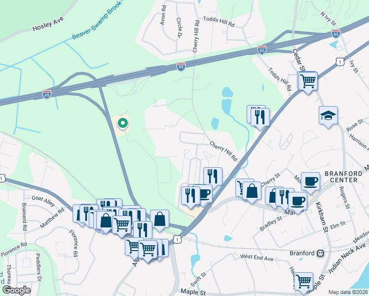 map of restaurants, bars, coffee shops, grocery stores, and more near 109 Montoya Drive in Branford