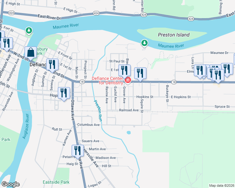 map of restaurants, bars, coffee shops, grocery stores, and more near 525 Euclid Avenue in Defiance