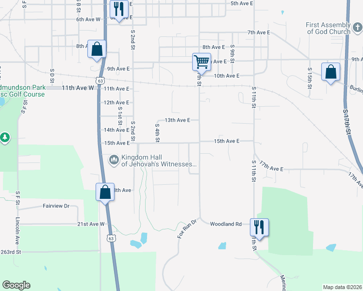 map of restaurants, bars, coffee shops, grocery stores, and more near 1602 South 5th Street in Oskaloosa
