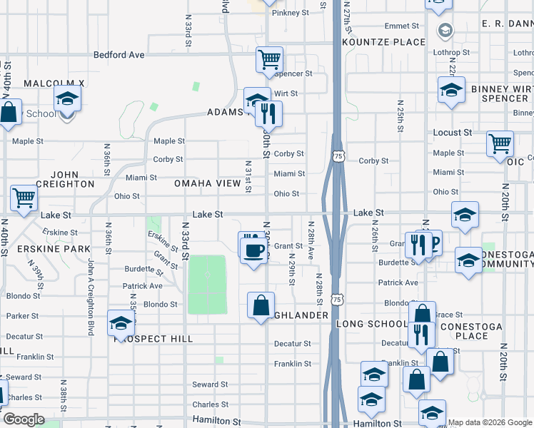 map of restaurants, bars, coffee shops, grocery stores, and more near N 30th St & Lake St in Omaha