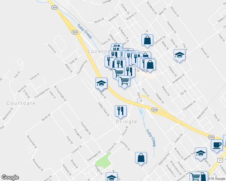 map of restaurants, bars, coffee shops, grocery stores, and more near Highway 309 in Pringle