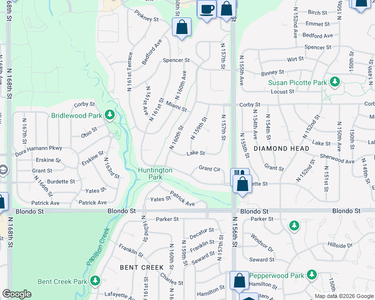map of restaurants, bars, coffee shops, grocery stores, and more near 15904 Lake Street in Omaha