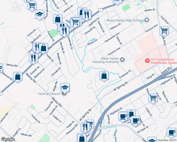 map of restaurants, bars, coffee shops, grocery stores, and more near 225R Meloy Road in West Haven