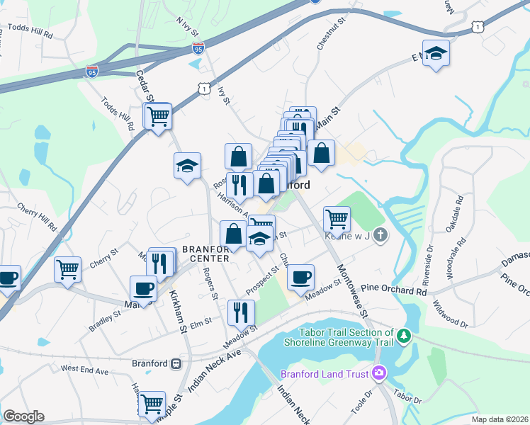 map of restaurants, bars, coffee shops, grocery stores, and more near 1008 Main Street in Branford