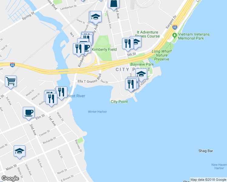 map of restaurants, bars, coffee shops, grocery stores, and more near 58 Harbour Close in New Haven