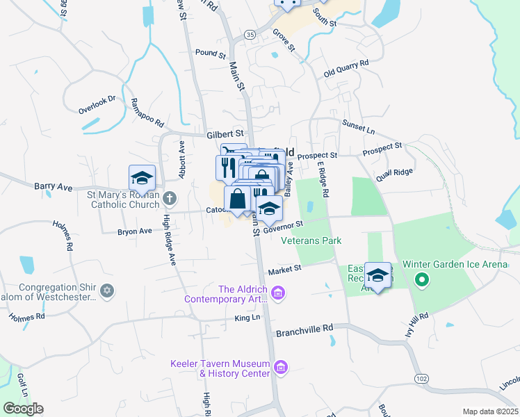 map of restaurants, bars, coffee shops, grocery stores, and more near 400 Main Street in Ridgefield