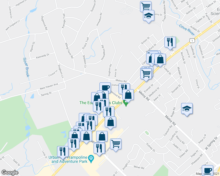 map of restaurants, bars, coffee shops, grocery stores, and more near 87 Dogwood Road in West Haven