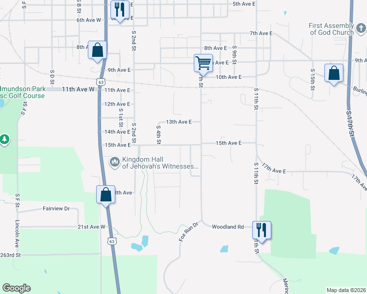 map of restaurants, bars, coffee shops, grocery stores, and more near 1602 South 5th Street in Oskaloosa