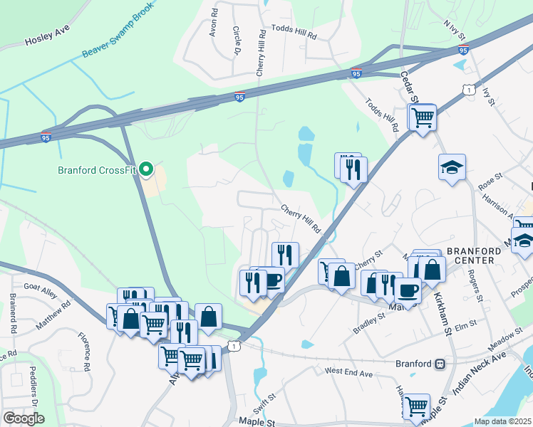 map of restaurants, bars, coffee shops, grocery stores, and more near 7 Montoya Drive in Branford