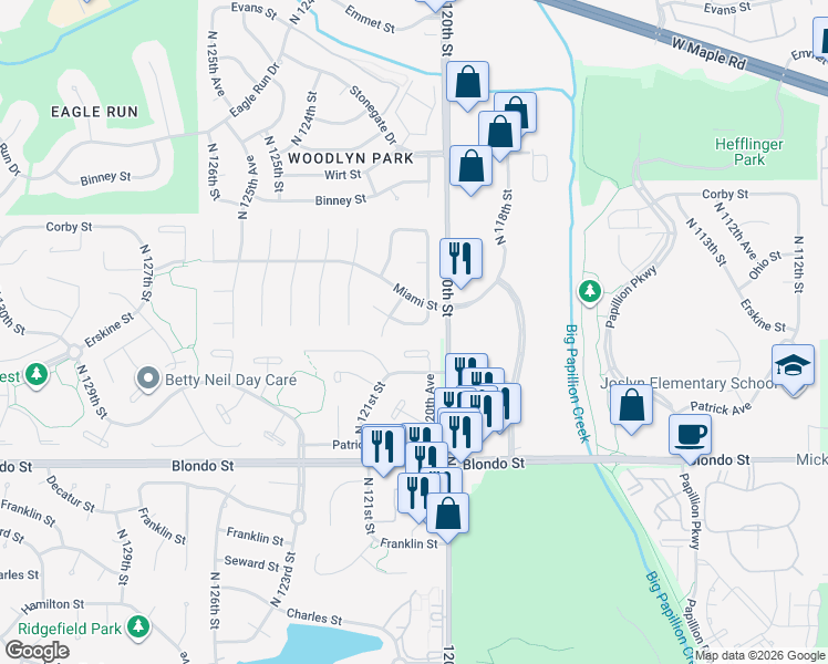 map of restaurants, bars, coffee shops, grocery stores, and more near 12063 Ohio Circle in Omaha