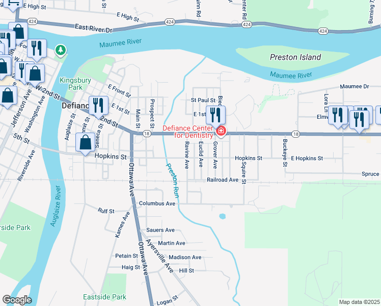map of restaurants, bars, coffee shops, grocery stores, and more near 523 Ravine Avenue in Defiance