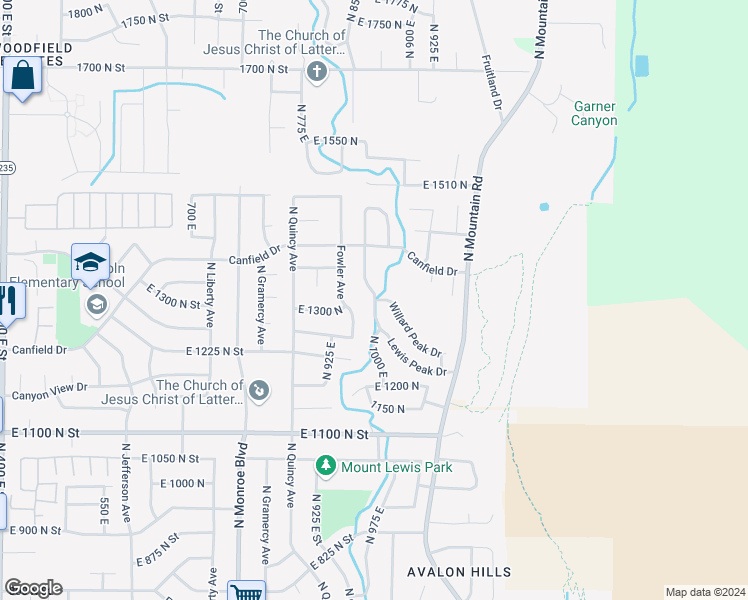 map of restaurants, bars, coffee shops, grocery stores, and more near 1407 Lewis Peak Drive in Ogden