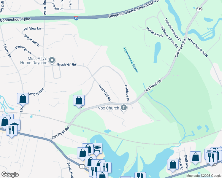 map of restaurants, bars, coffee shops, grocery stores, and more near 59 Old Post Road in Clinton
