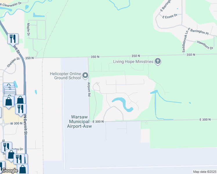 map of restaurants, bars, coffee shops, grocery stores, and more near 139 East Birchwood Court in Warsaw