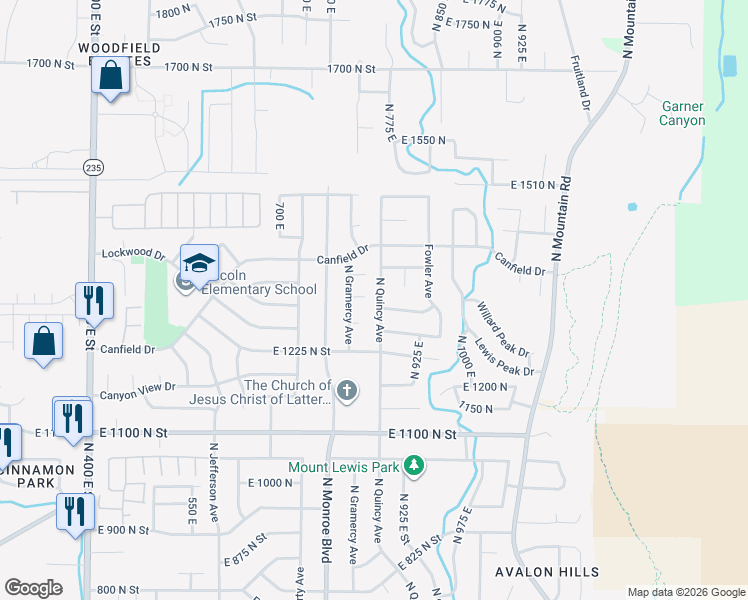 map of restaurants, bars, coffee shops, grocery stores, and more near 1315 North Quincy Avenue in Ogden