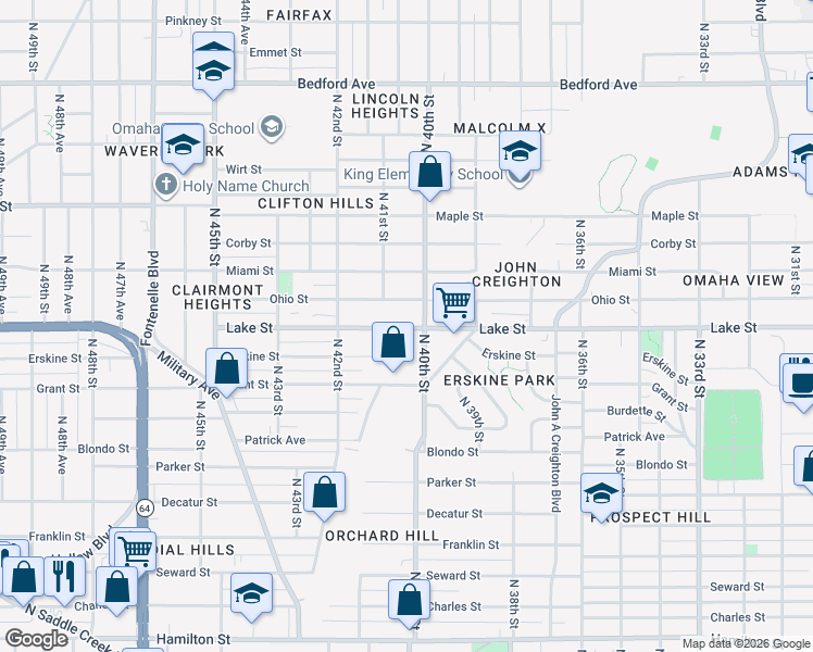 map of restaurants, bars, coffee shops, grocery stores, and more near 4012 Lake St in Omaha
