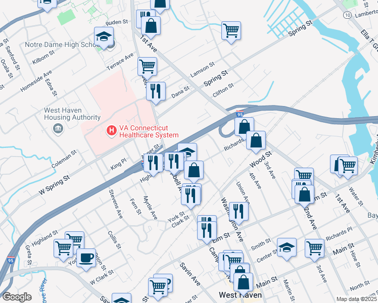 map of restaurants, bars, coffee shops, grocery stores, and more near 836 Washington Avenue in West Haven