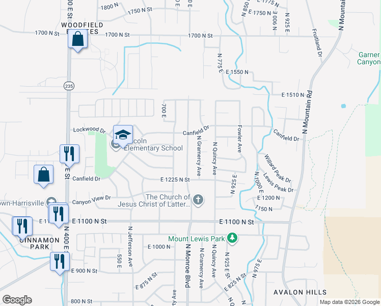 map of restaurants, bars, coffee shops, grocery stores, and more near 1317 North Gramercy Avenue in Ogden