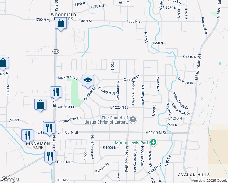 map of restaurants, bars, coffee shops, grocery stores, and more near 706 East 1300 North in Ogden