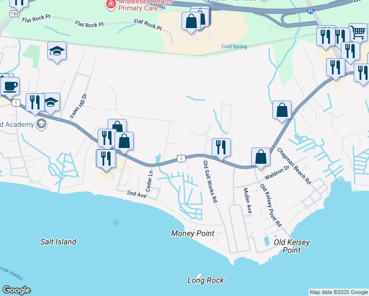 map of restaurants, bars, coffee shops, grocery stores, and more near 1742 Boston Post Road in Westbrook