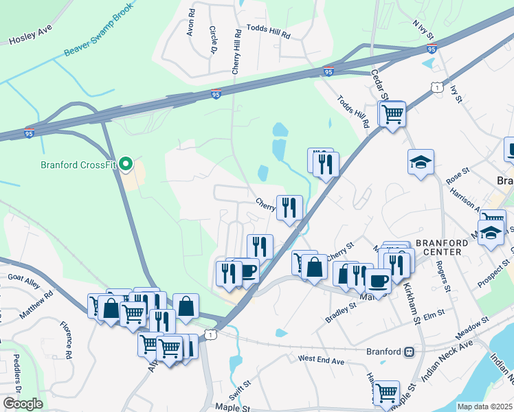 map of restaurants, bars, coffee shops, grocery stores, and more near 36 Montoya Drive in Branford
