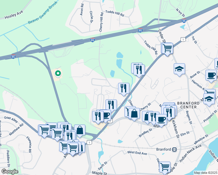 map of restaurants, bars, coffee shops, grocery stores, and more near 36 Montoya Drive in Branford