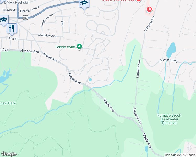 map of restaurants, bars, coffee shops, grocery stores, and more near 3801 Garden Court in Peekskill