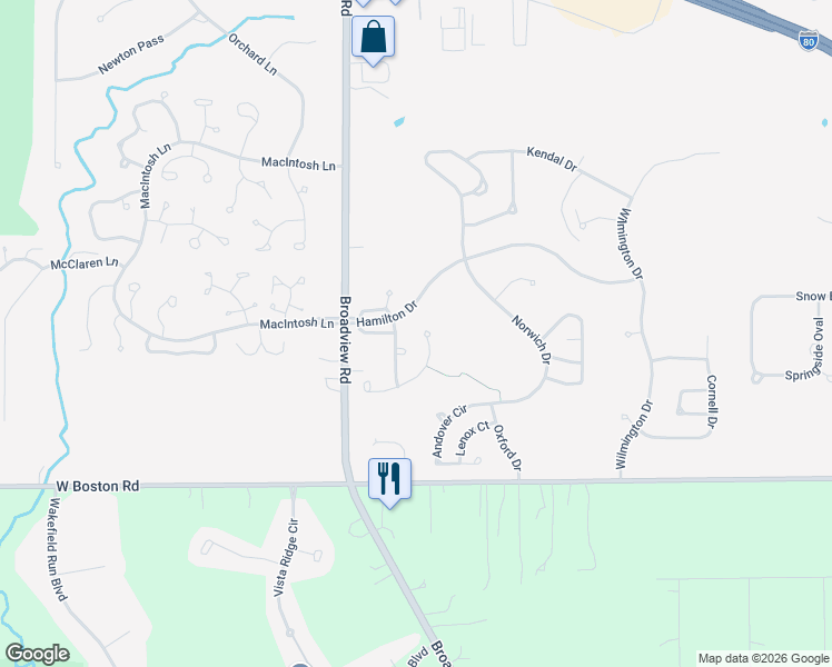 map of restaurants, bars, coffee shops, grocery stores, and more near 423 Carrington Lane in Broadview Heights