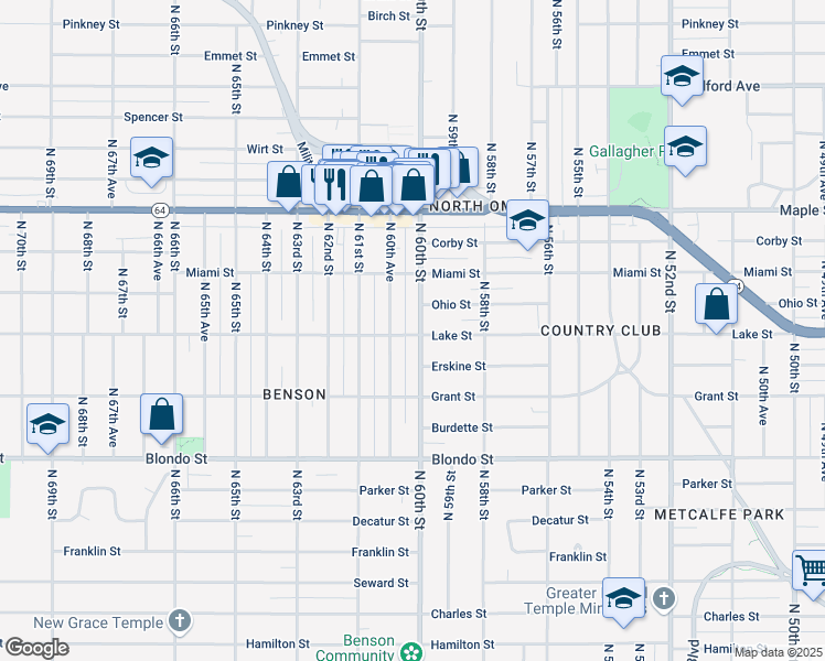 map of restaurants, bars, coffee shops, grocery stores, and more near 2503 North 60th Street in Omaha