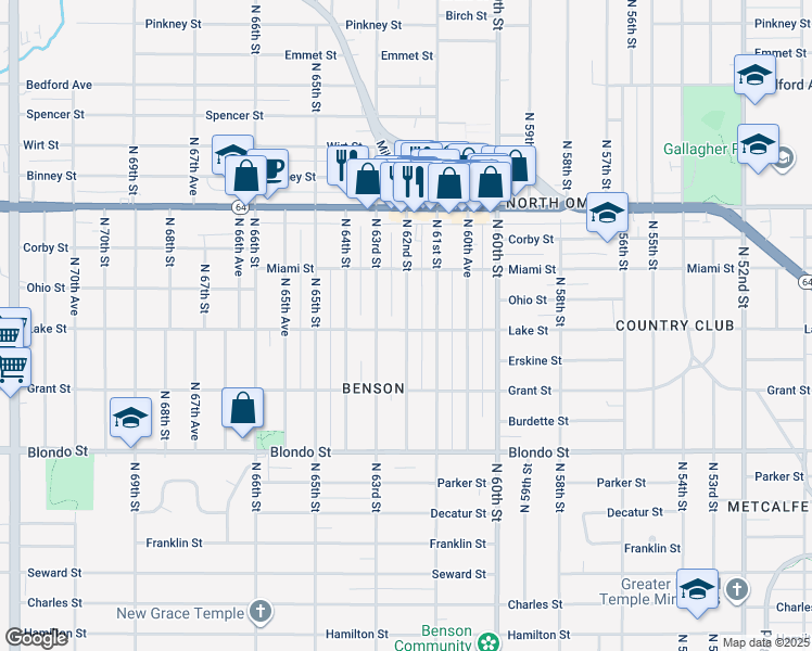 map of restaurants, bars, coffee shops, grocery stores, and more near 6212 Lake Street in Omaha