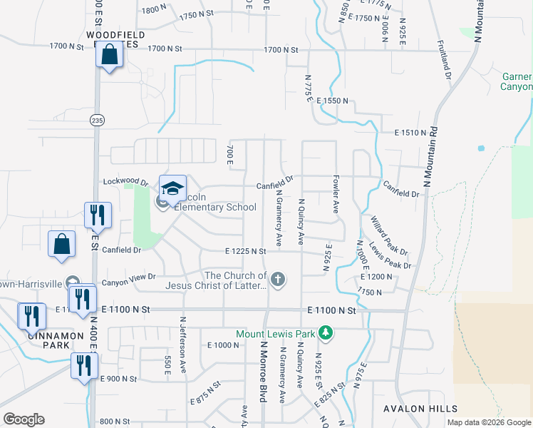 map of restaurants, bars, coffee shops, grocery stores, and more near 1317 North Gramercy Avenue in Ogden