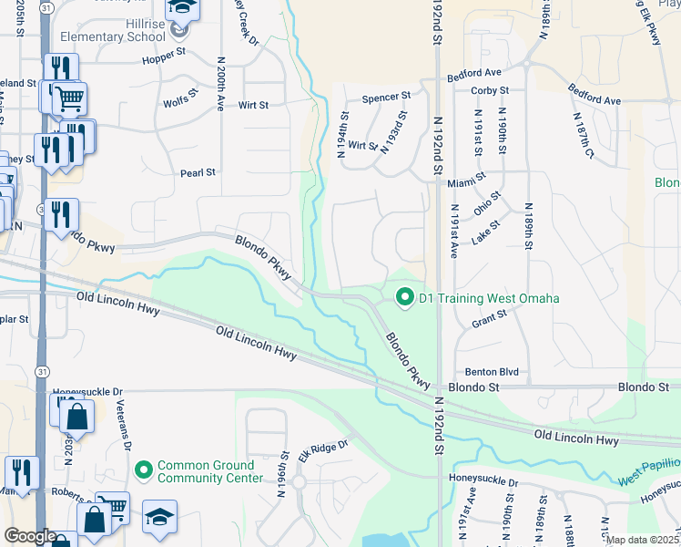 map of restaurants, bars, coffee shops, grocery stores, and more near 15E North 194th Court in Omaha