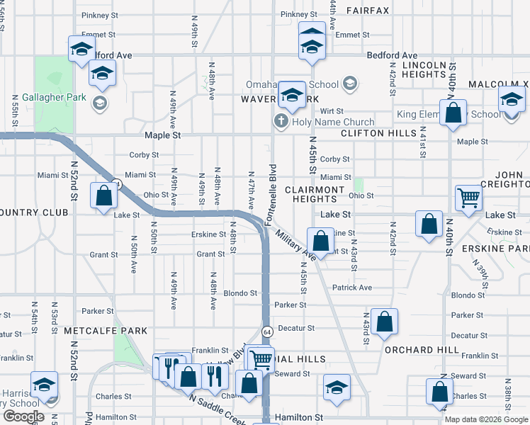 map of restaurants, bars, coffee shops, grocery stores, and more near 2412 Fontenelle Boulevard in Omaha