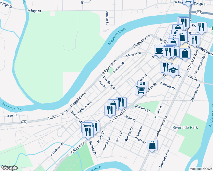 map of restaurants, bars, coffee shops, grocery stores, and more near 916 Harrison Avenue in Defiance