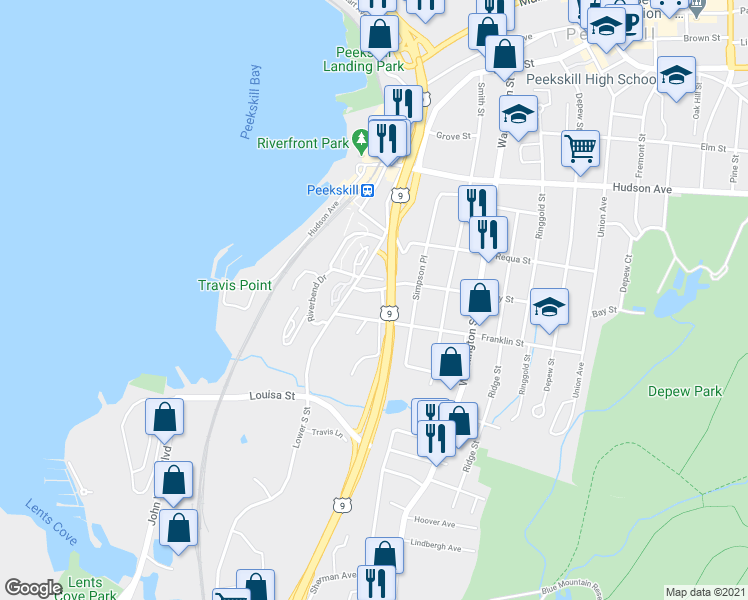 map of restaurants, bars, coffee shops, grocery stores, and more near 24 Waterview Estate in Peekskill