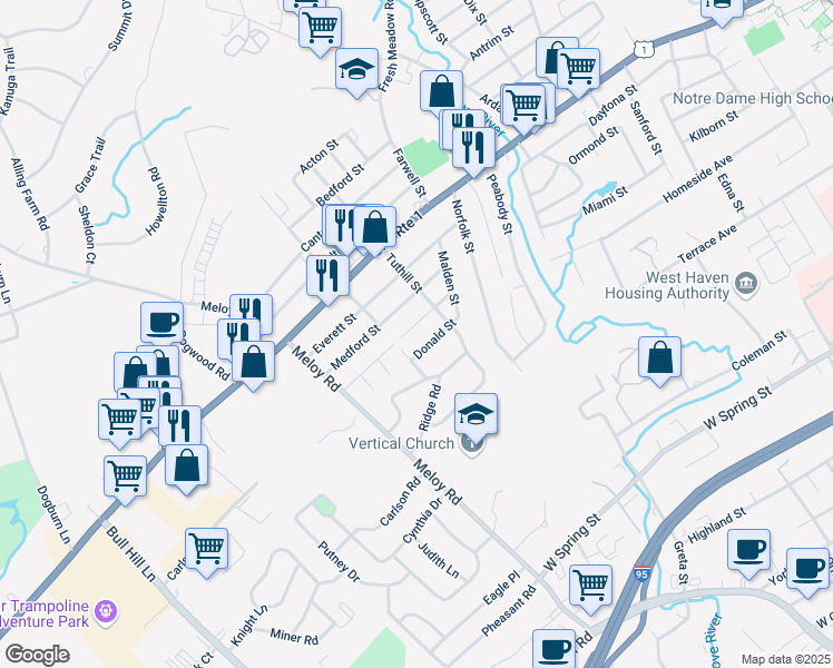 map of restaurants, bars, coffee shops, grocery stores, and more near 48 Baker Street in West Haven