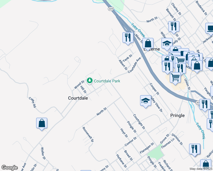 map of restaurants, bars, coffee shops, grocery stores, and more near Courtdale Avenue in Courtdale