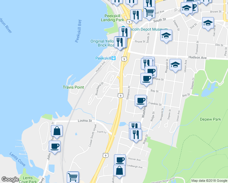 map of restaurants, bars, coffee shops, grocery stores, and more near 16 Waterview Est in Peekskill