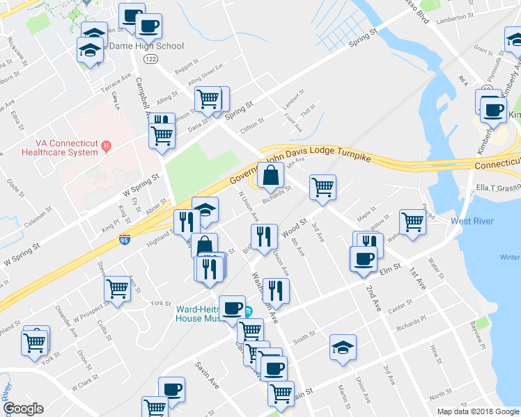 map of restaurants, bars, coffee shops, grocery stores, and more near 72 Richards Street in West Haven